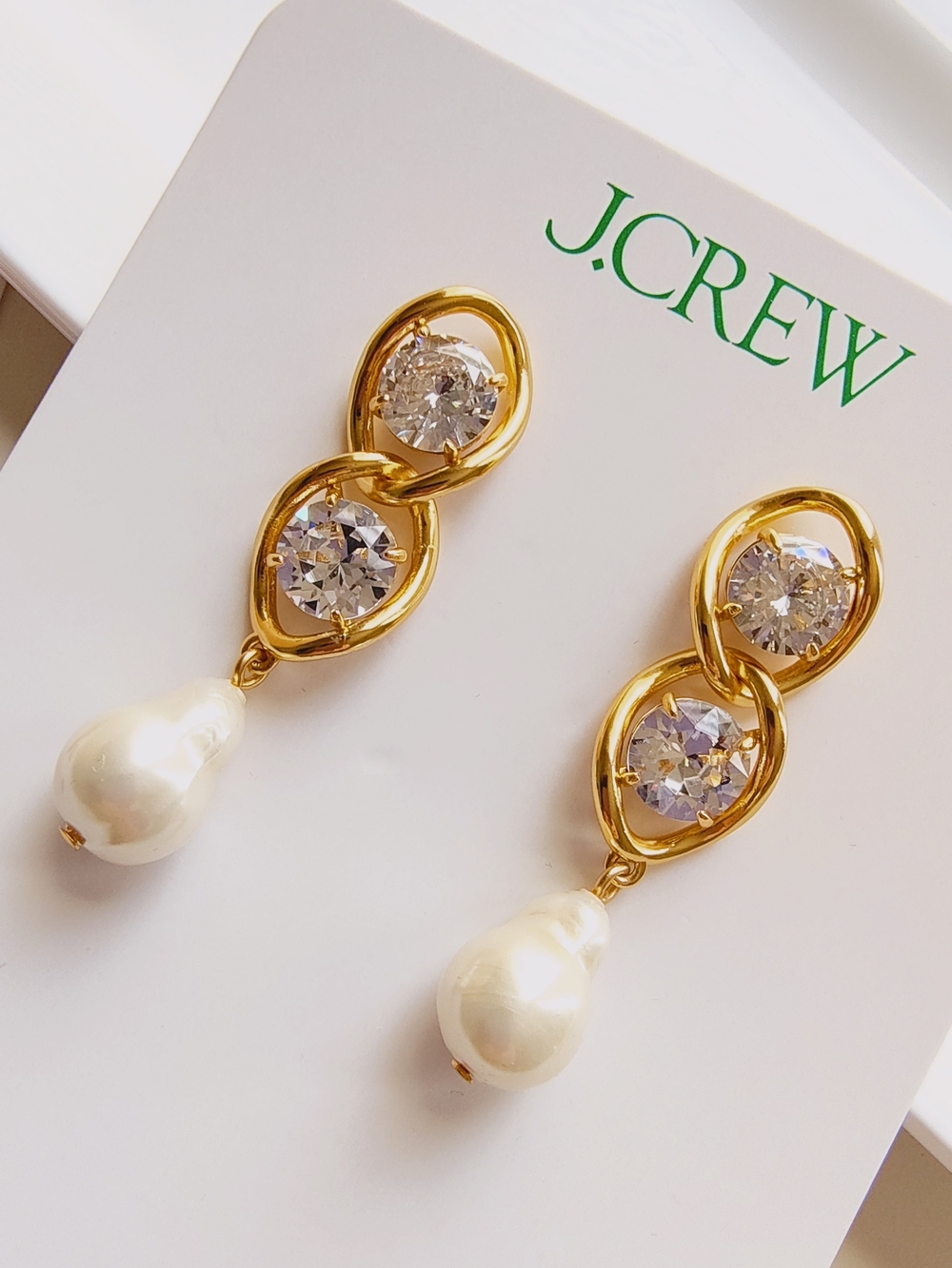 J.Crew Gold Crystal & Pearl Chain link Drop Earrings